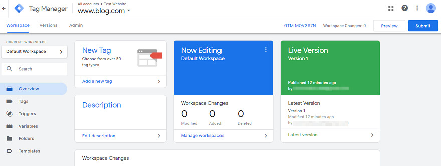tag manager main dashboard