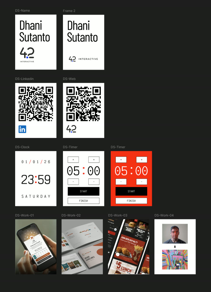 Figma frames for the badge: name, LinkedIn and website QR codes, clock, timer and portfolio screens