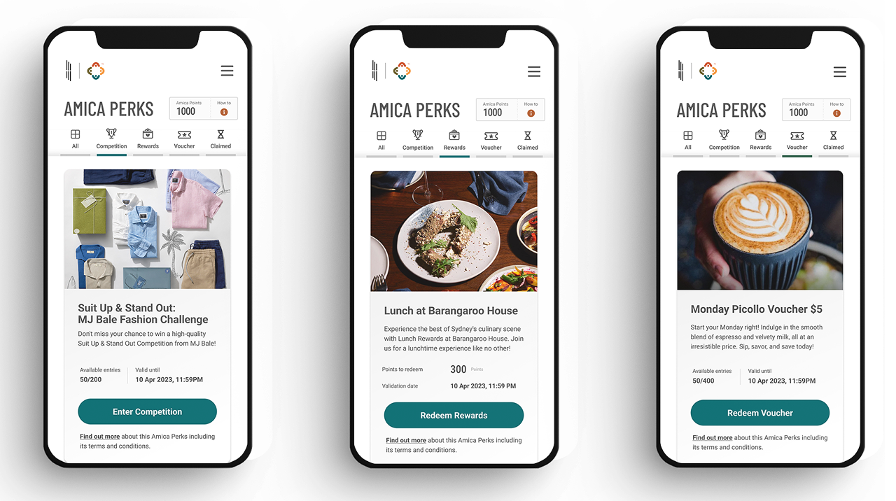 Amica Perks mobile app screens